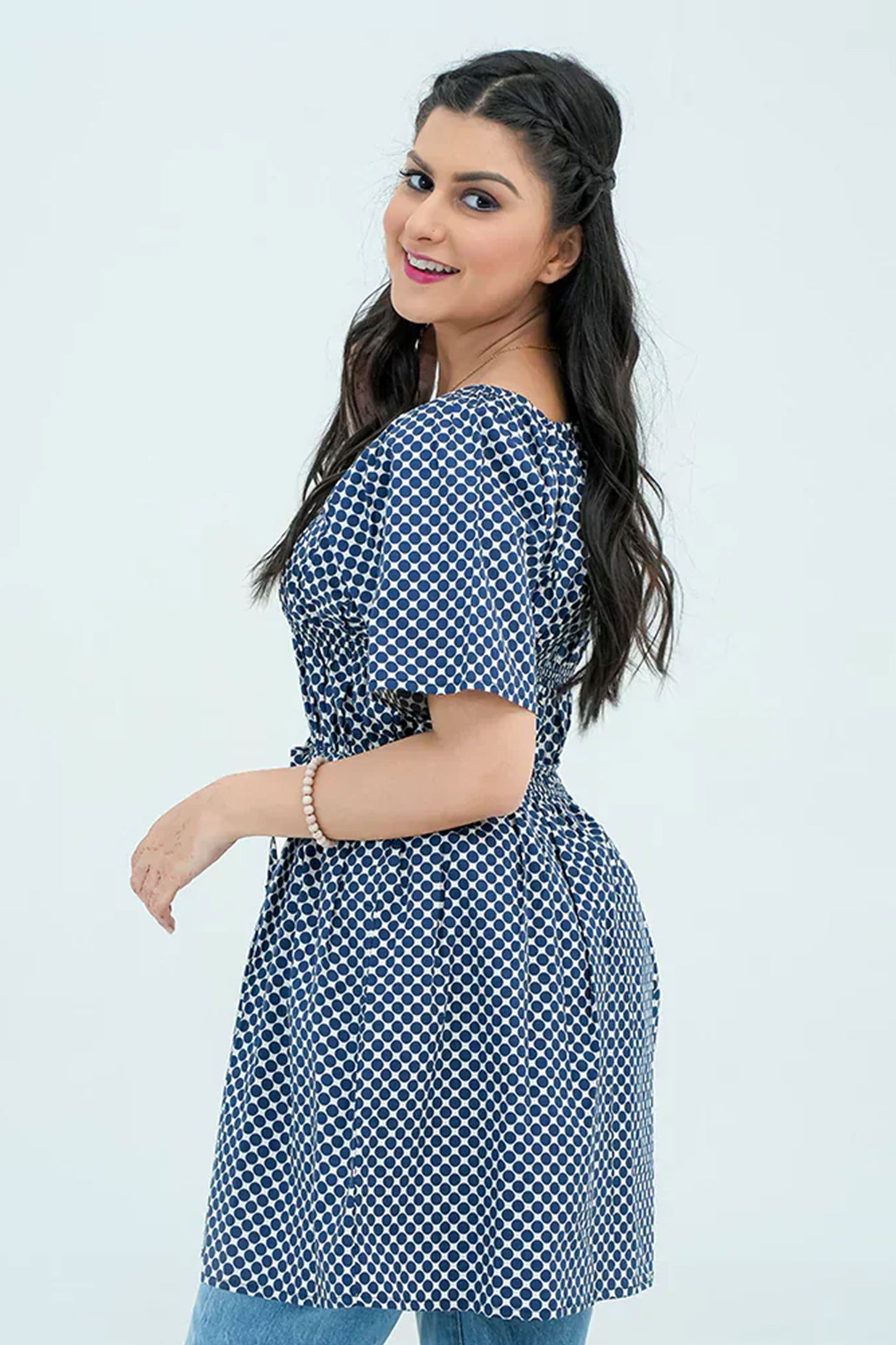 Women Polka Dot Short Frock Shirt – Blue/White