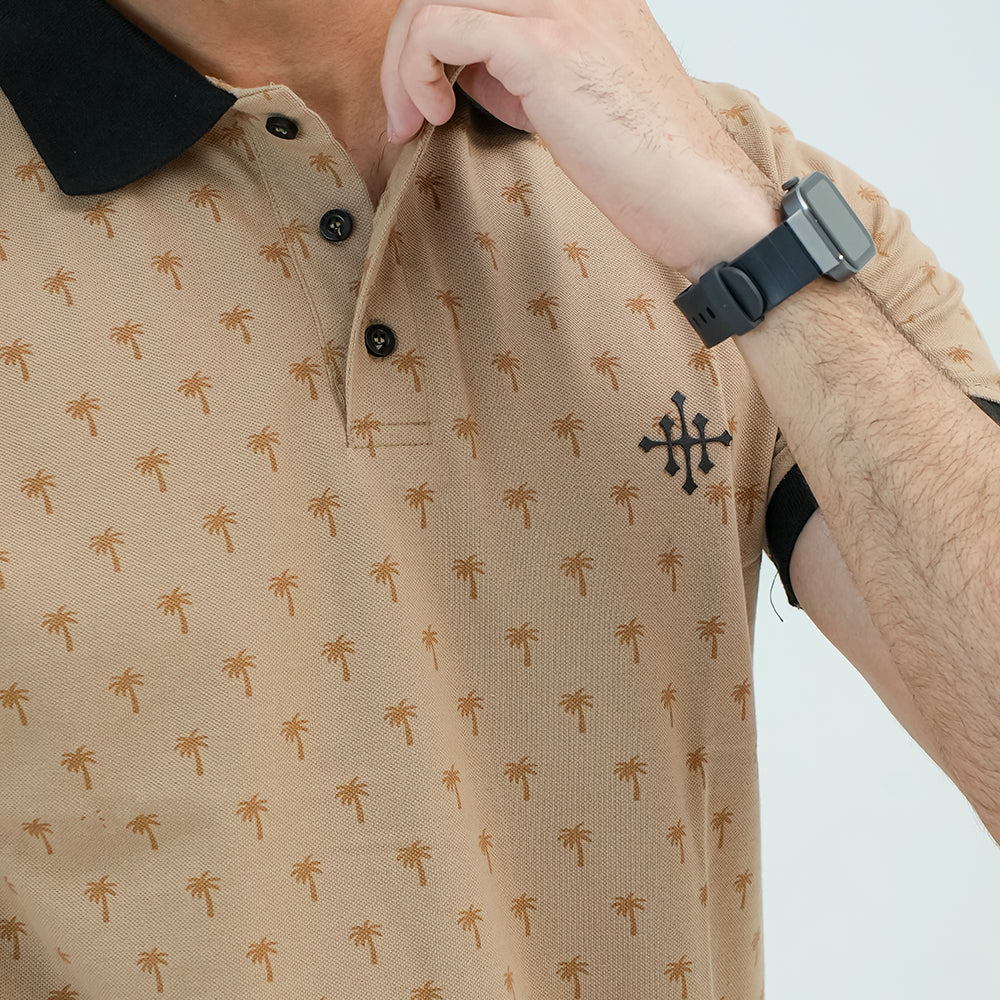 Men Graphic Polo with Contrast Trims - Beige - Harwage
