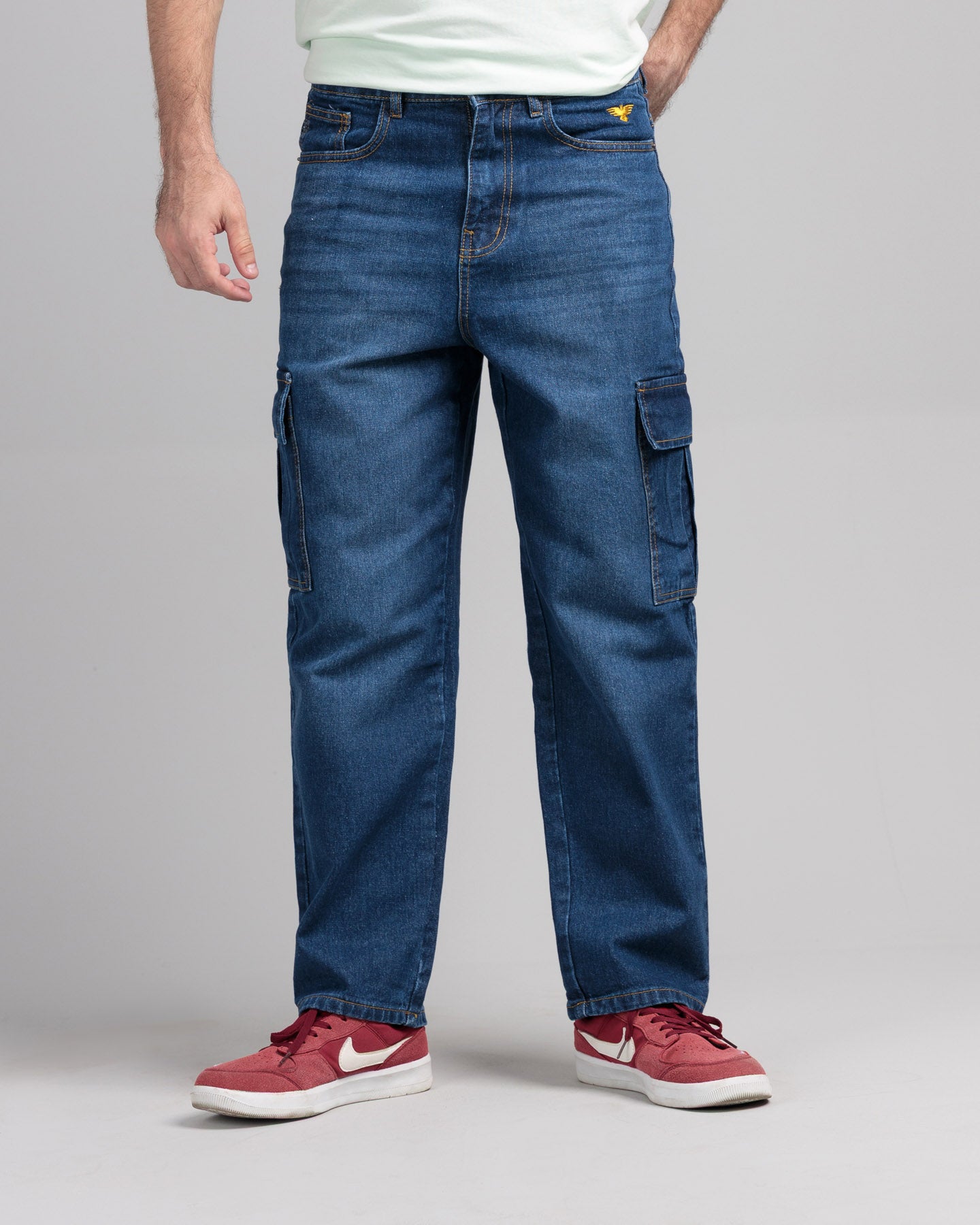 Men Loose Fit Cargo Denim Jeans - Ice Blue