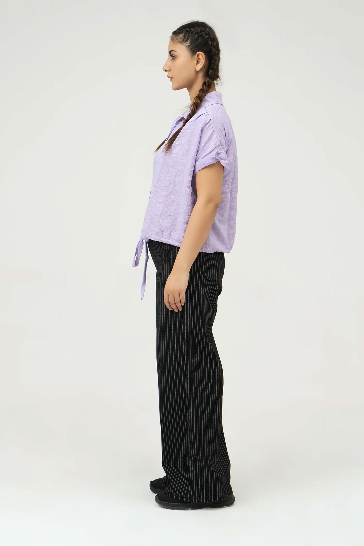 Women Drawstring Hem Poplin Super Cropped Shirt - Purple