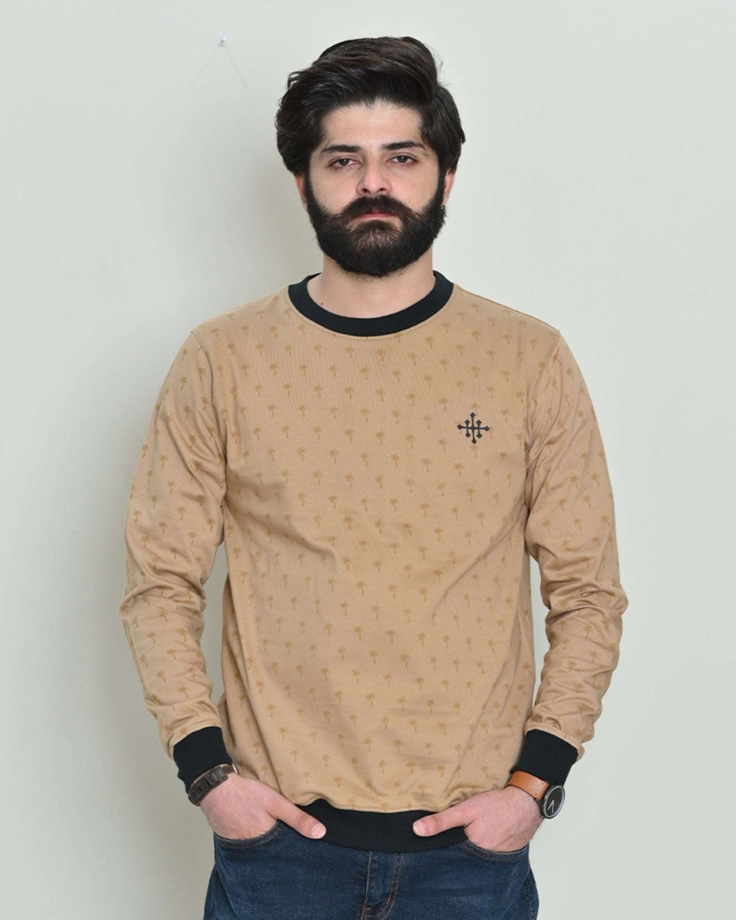 Men Palm Rotatory Design Sweatshirt – Beige - Harwage