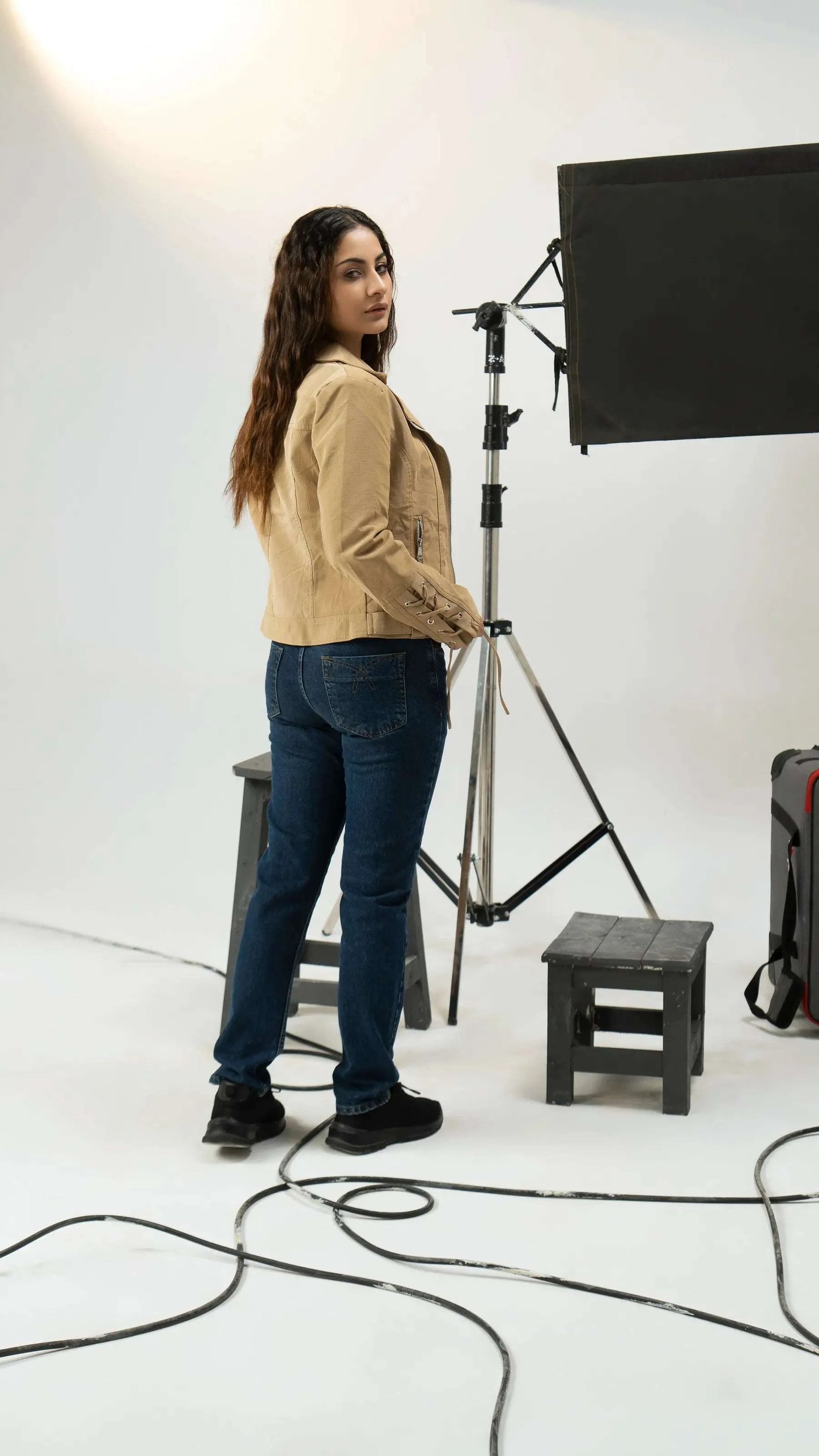 Women Fur Leather Jacket - Beige - Harwage