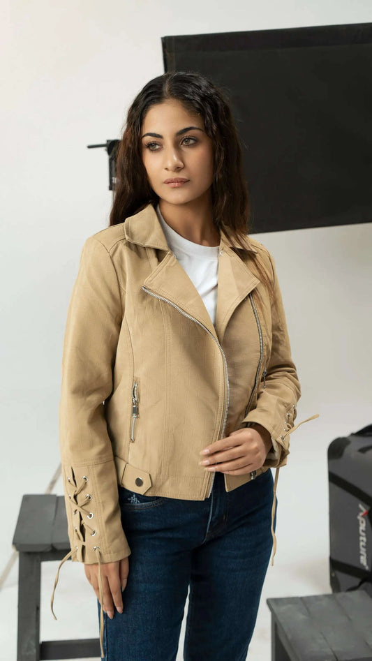 Women Fur Leather Jacket - Beige - Harwage
