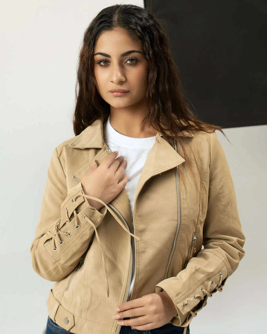Women Fur Leather Jacket - Beige - Harwage