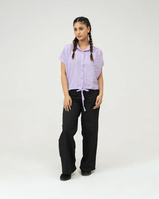 Women Drawstring Hem Poplin Super Cropped Shirt - Purple