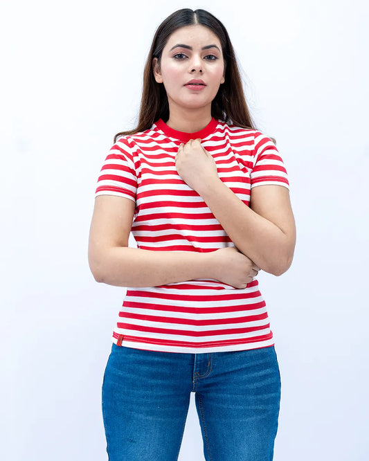 Women Striped T Shirt - Red/ White