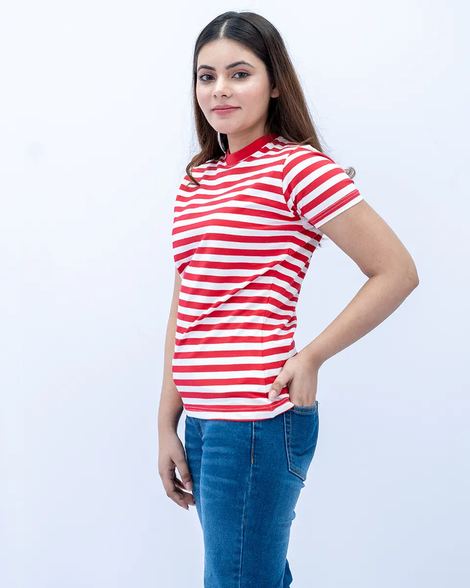 Women Striped T Shirt - Red/ White