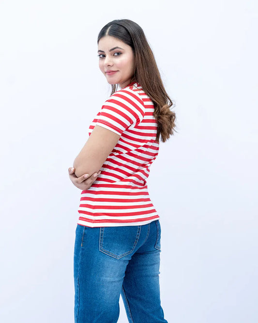 Women Striped T Shirt - Red/ White