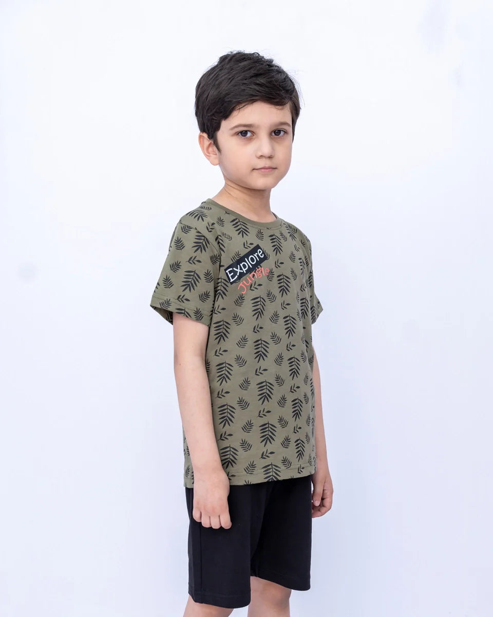 Kids Graphic Printed Co-ords Set – Deep Lichen Green