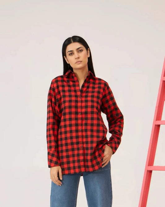 Women Tunic Shirt - Red Checkered - Harwage