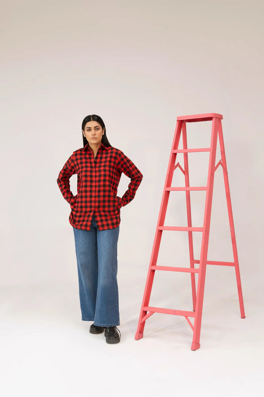 Women Tunic Shirt - Red Checkered - Harwage
