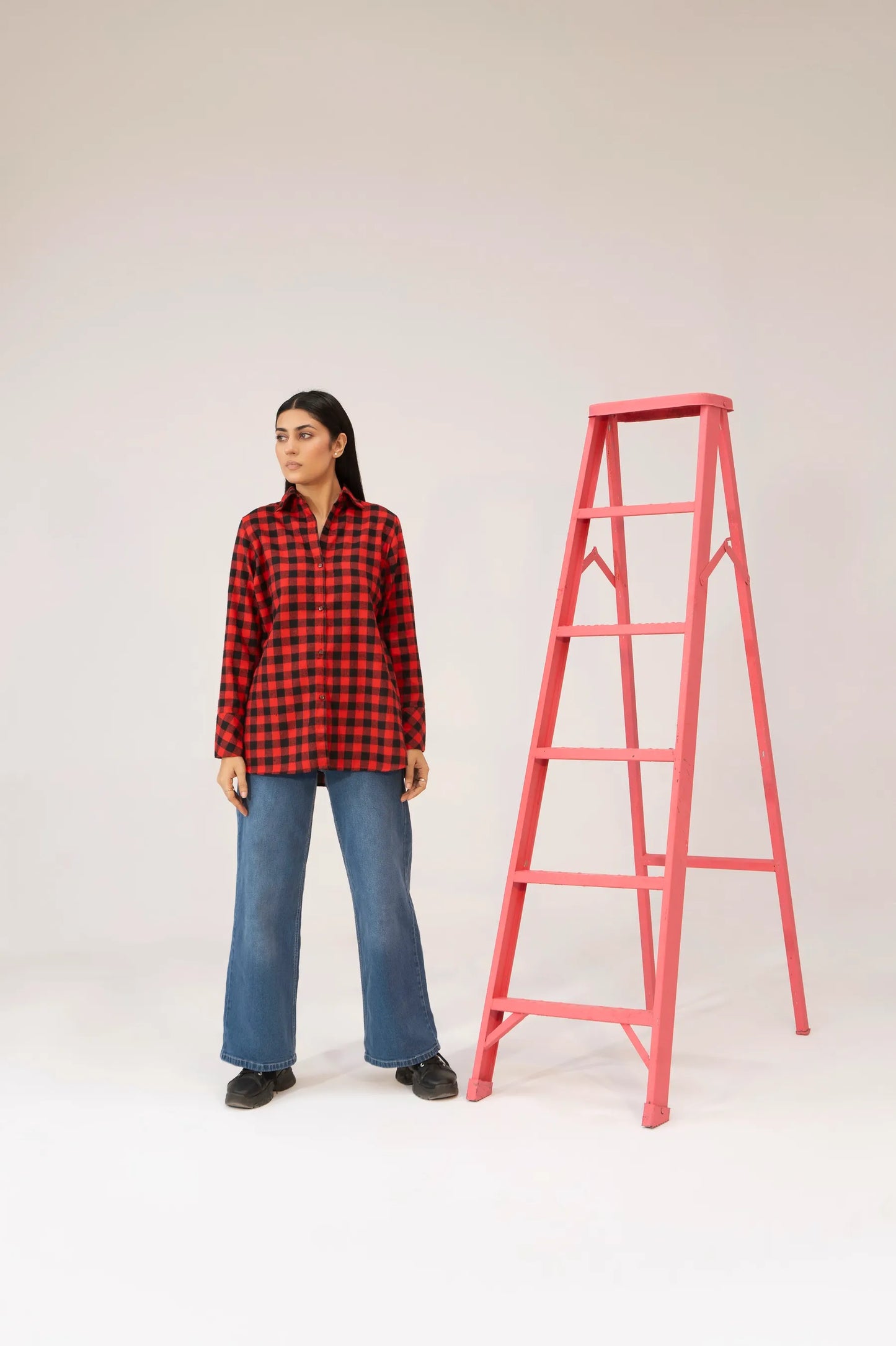 Women Tunic Shirt - Red Checkered - Harwage