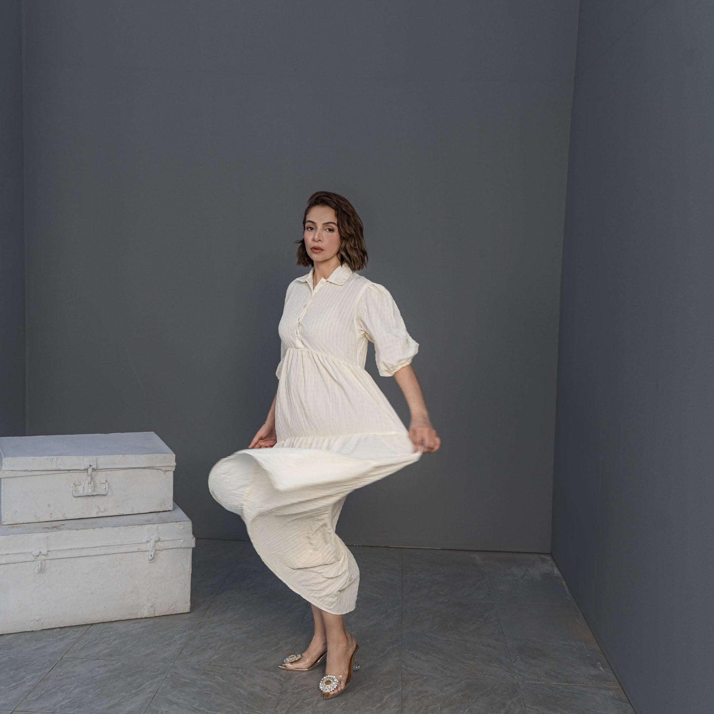 Women Long Frock Dress Shirt β Cream - Harwage