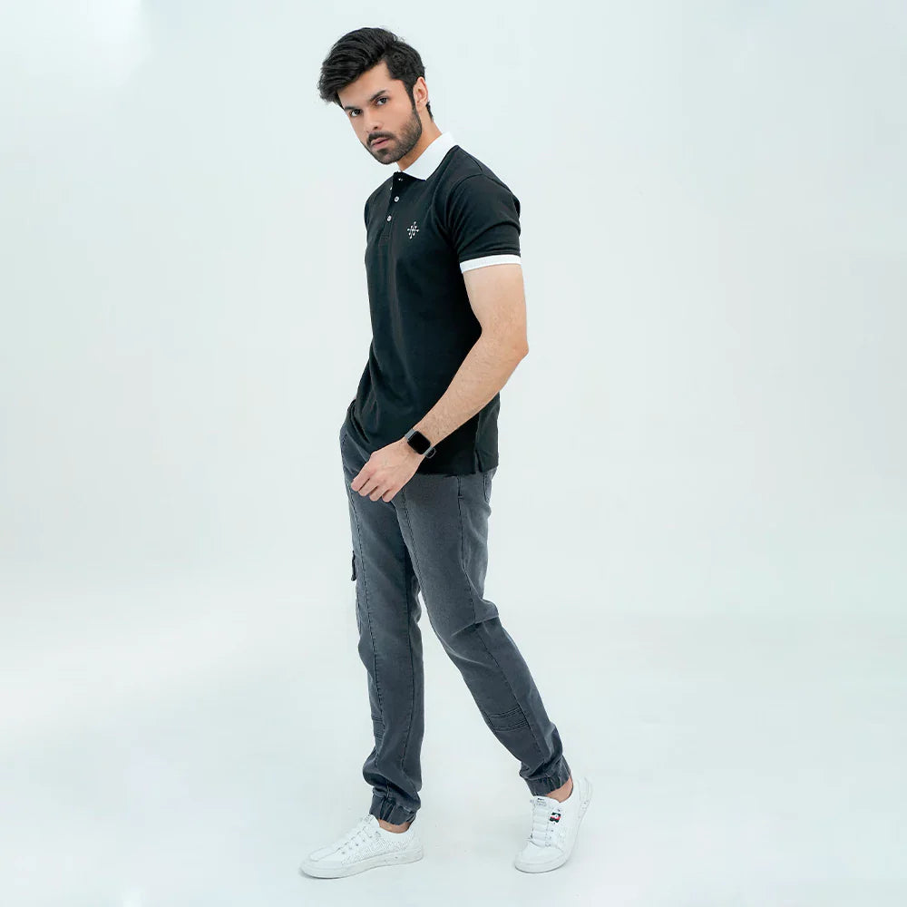 Men Polo Shirt with Contrast Trims - Jet Black - Harwage