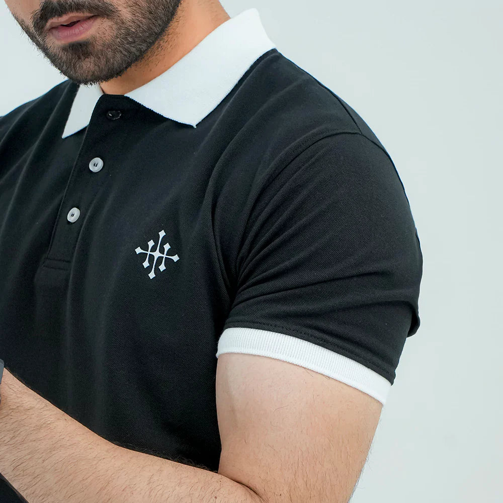 Men Polo Shirt with Contrast Trims - Jet Black - Harwage