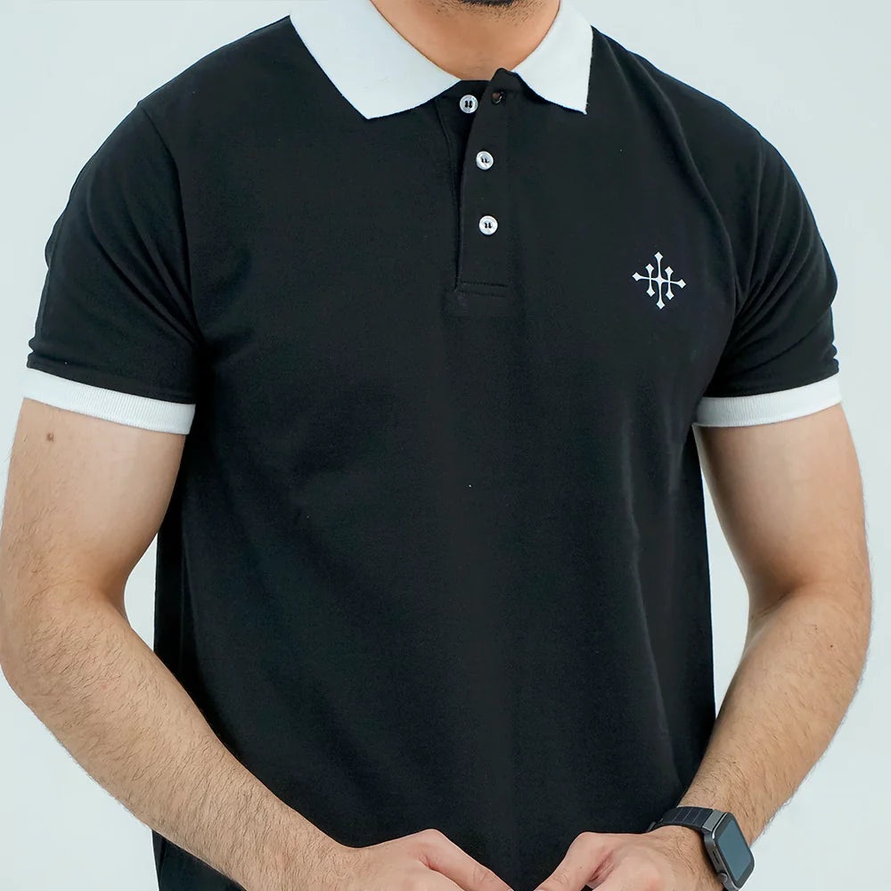 Men Polo Shirt with Contrast Trims - Jet Black - Harwage