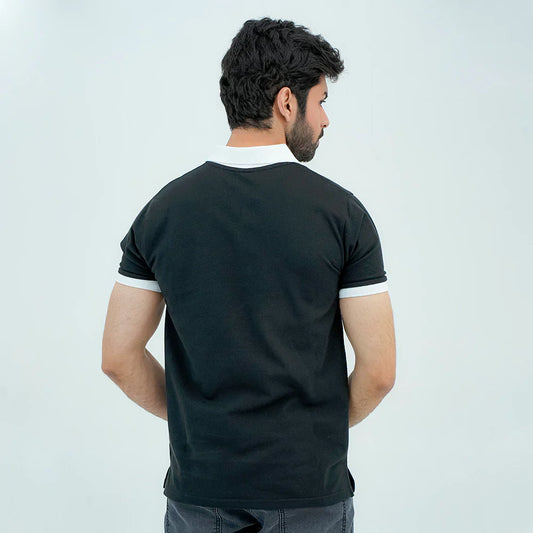 Men Polo Shirt with Contrast Trims - Jet Black - Harwage