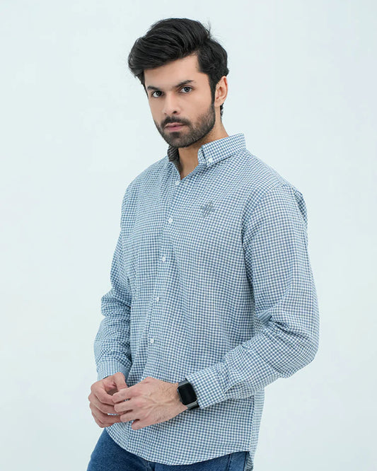 Men Basic Checkered Casual Shirt - Blue - Harwage