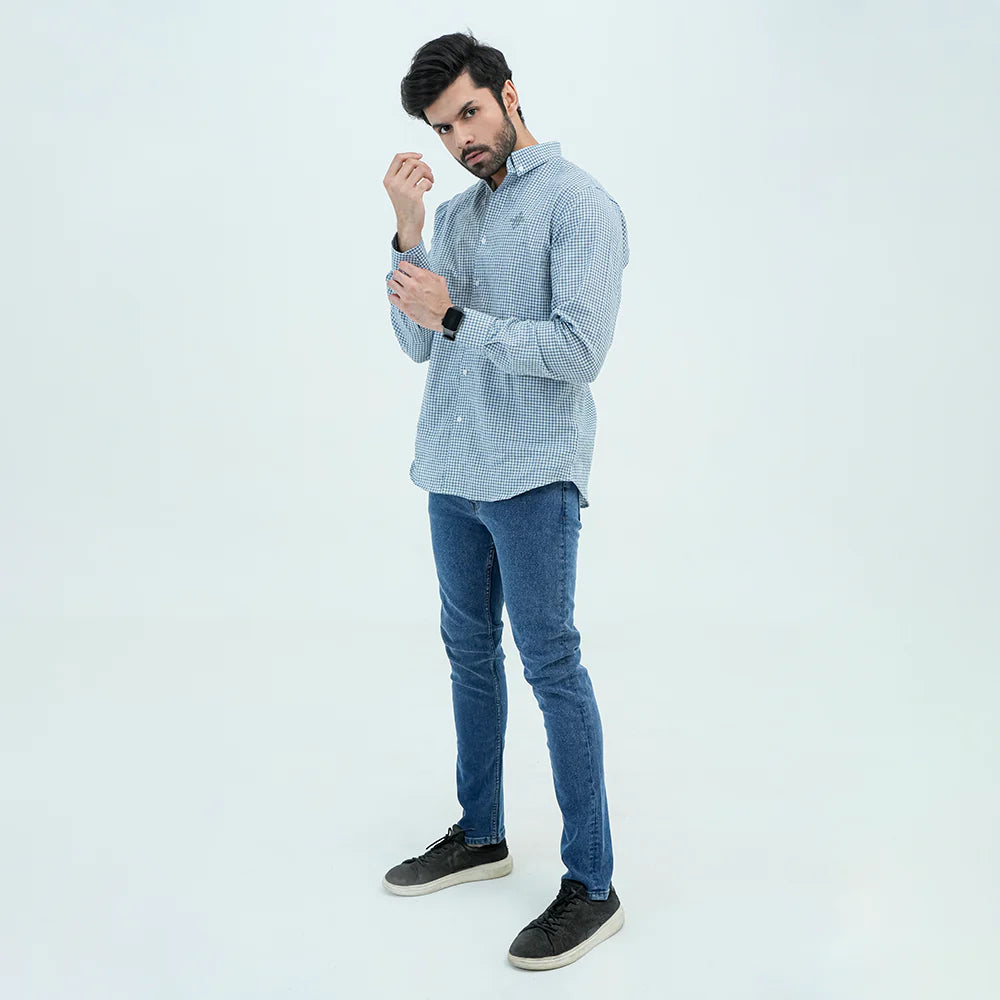 Men Basic Checkered Casual Shirt - Blue - Harwage