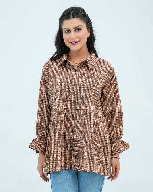 Women Checkered Printed Shirt β Brown - Harwage