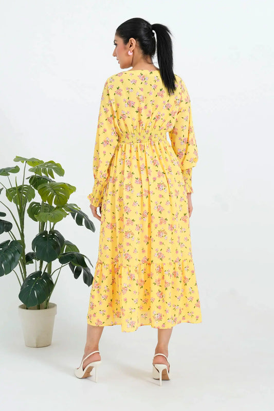 Back view of a yellow maxi dress