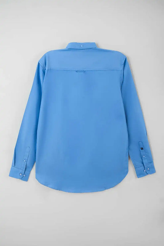 Back view of blue long-sleeve shirt