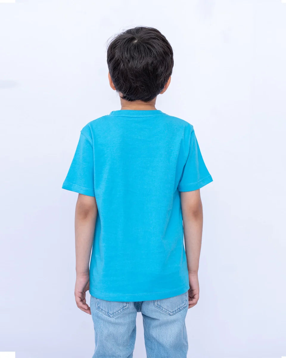 Back view of a cyan blue graphic T-shirt