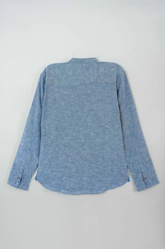 Back view of light blue long-sleeve shirt