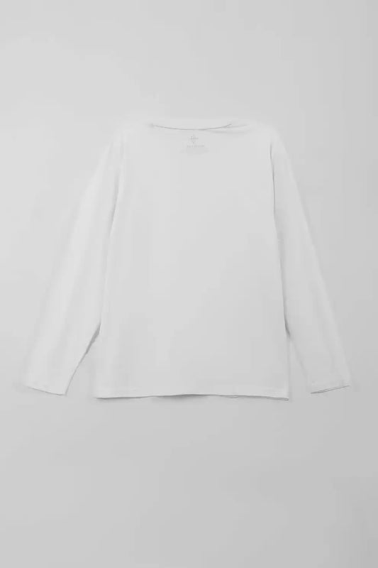 Back view of a white long-sleeve crew neck t-shirt