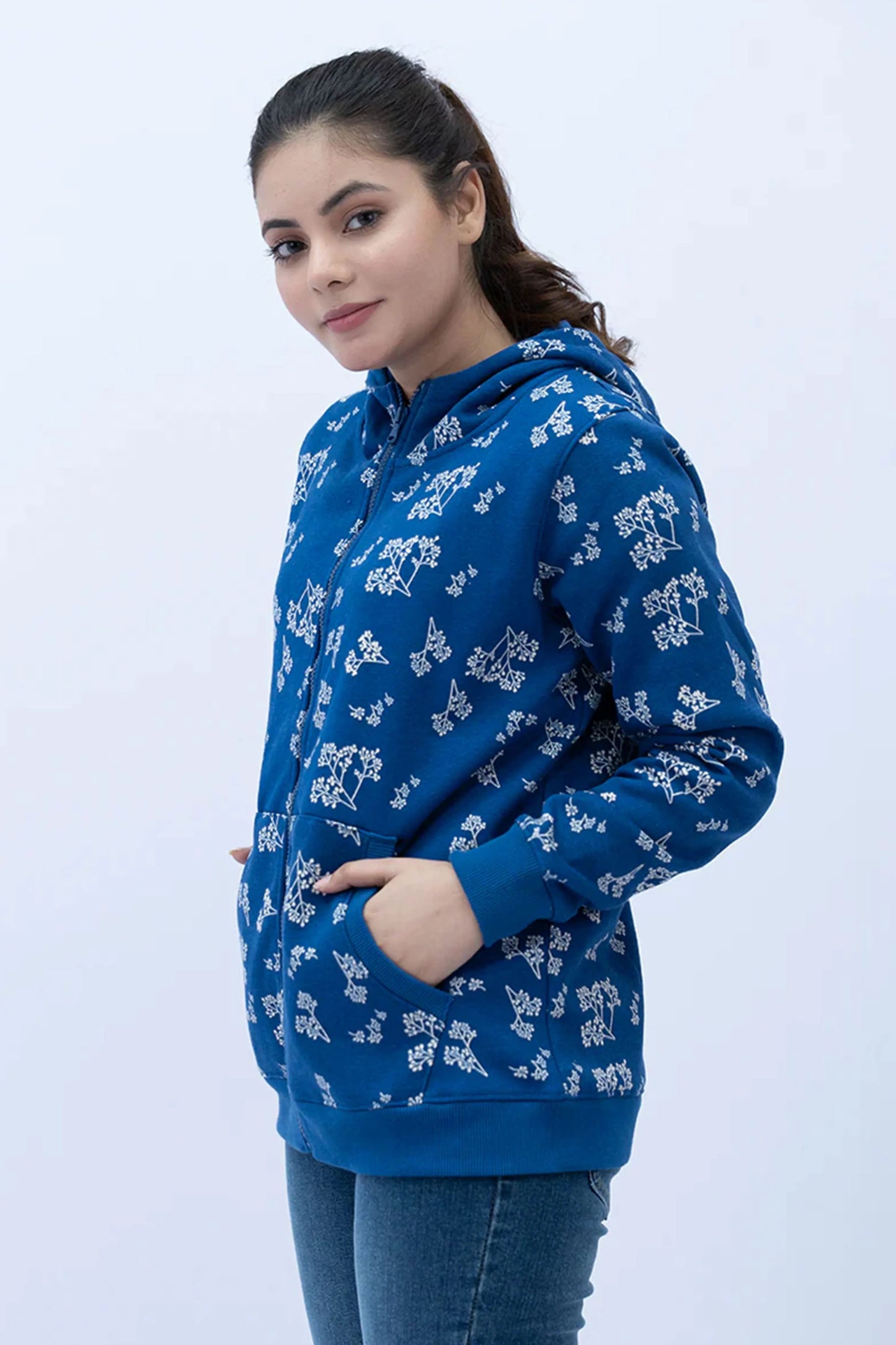 Woman wearing a Classic Blue Zipper Hoodie with front pocket