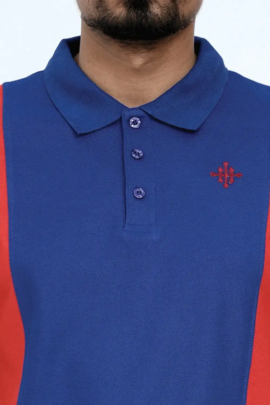 Blue polo shirt with half sleeves and a logo