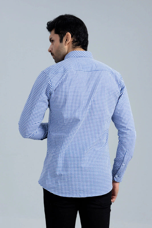 Classic Casual Blue Shirt back view showing full sleeve check pattern fit