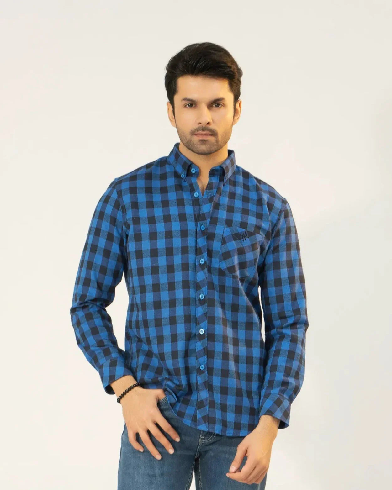 Men Casual Dress Shirt - Blue Checkered - Harwage