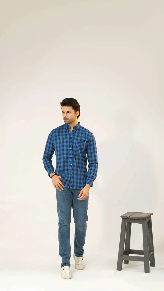Men Casual Dress Shirt - Blue Checkered - Harwage