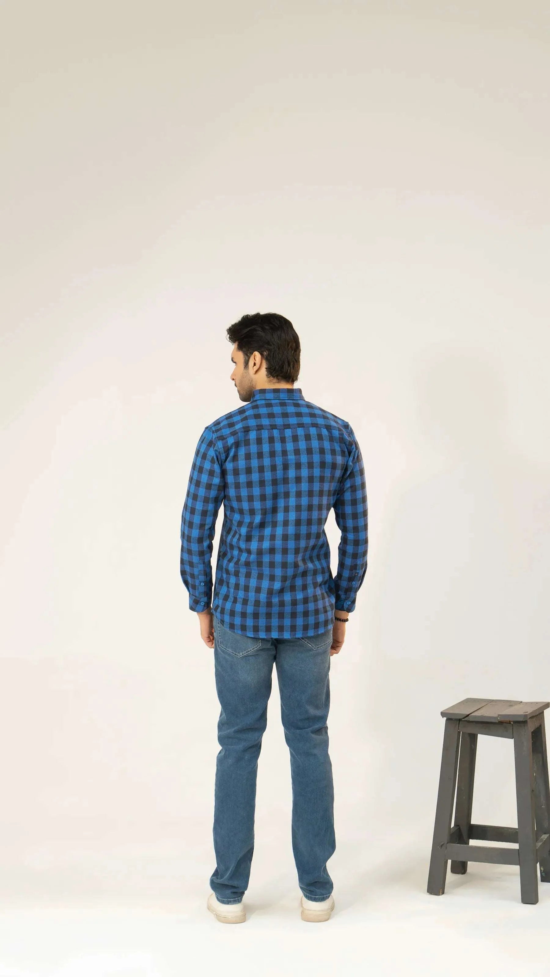 Men Casual Dress Shirt - Blue Checkered - Harwage