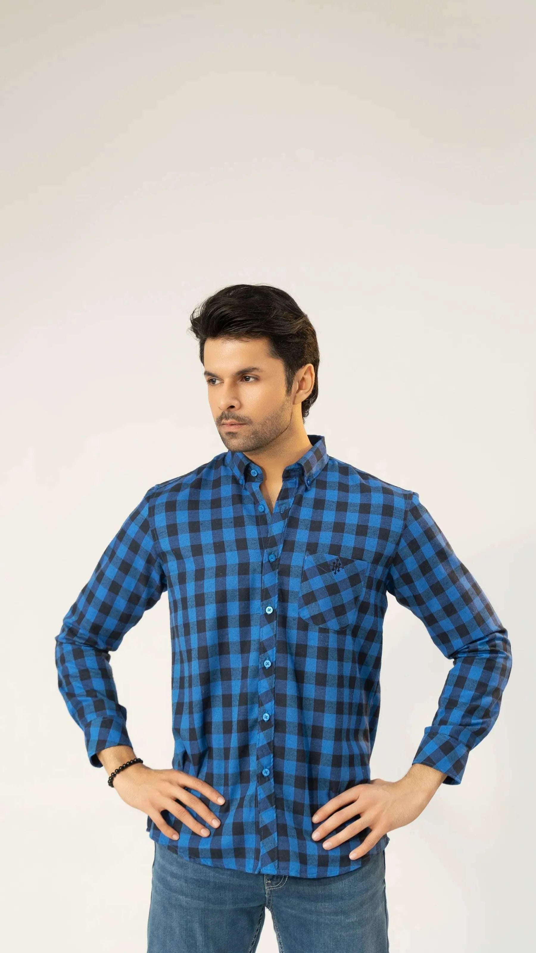 Men Casual Dress Shirt - Blue Checkered - Harwage