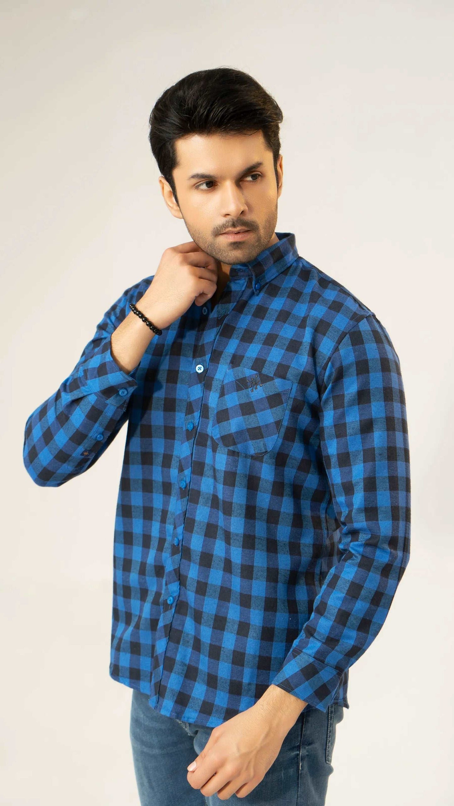 Men Casual Dress Shirt - Blue Checkered - Harwage