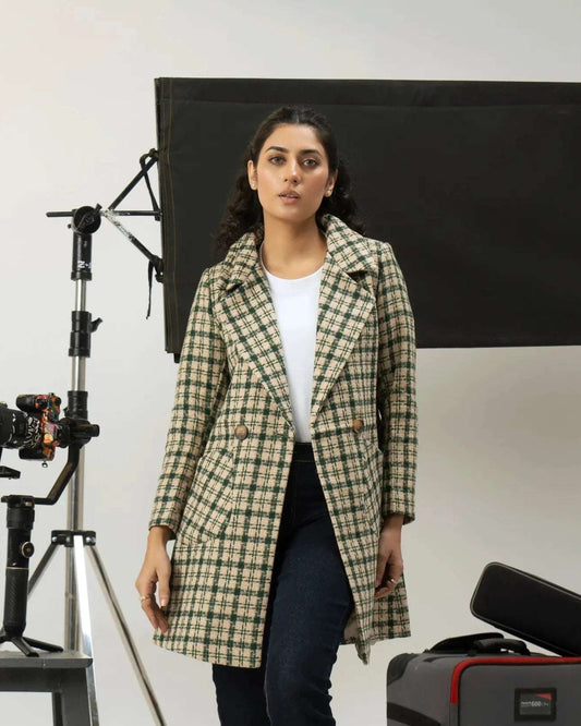 Women Long Tweed Coat - Dark Green Checkered - Harwage