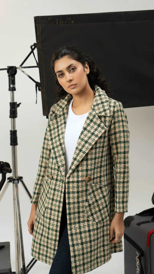 Women Long Tweed Coat - Dark Green Checkered - Harwage
