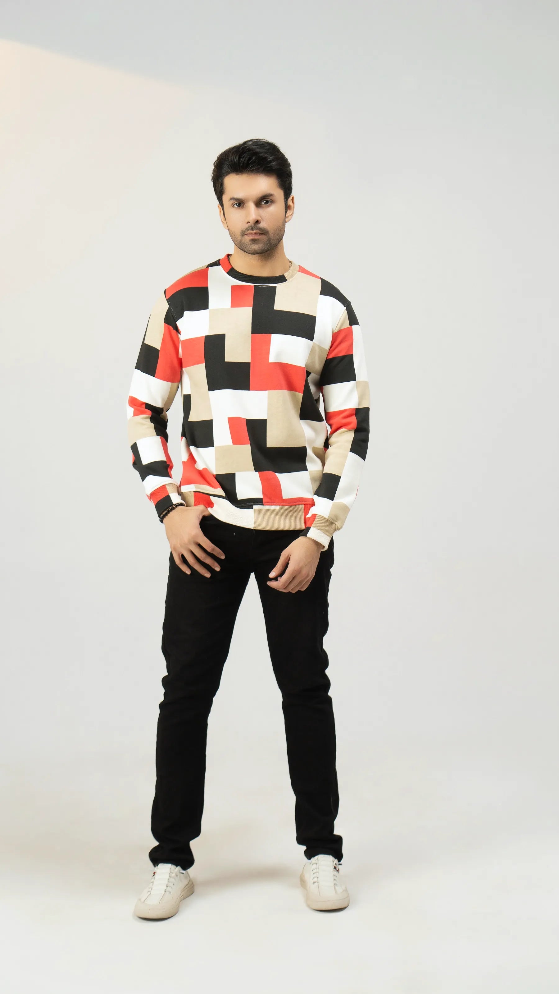 Men Regular Fit Sweatshirt - Geometric Checkered - Harwage