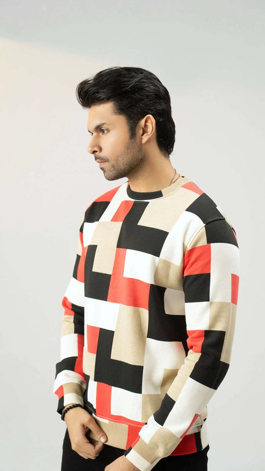 Men Regular Fit Sweatshirt - Geometric Checkered - Harwage