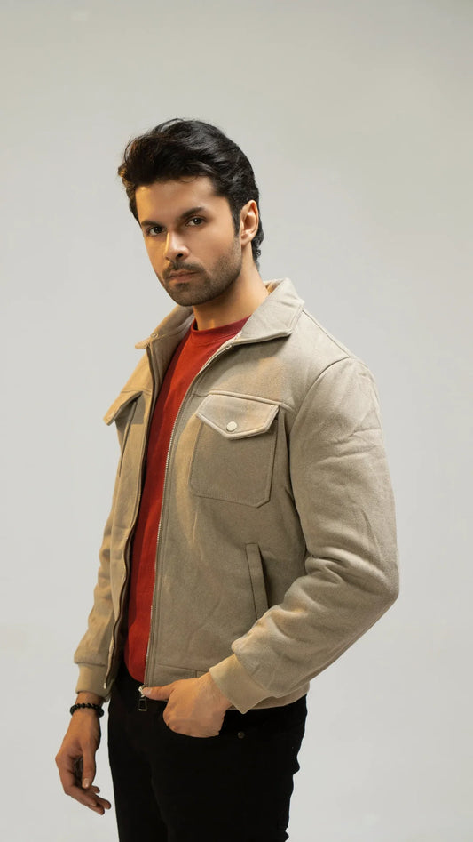 Men Woven Jacket - Beige - Harwage