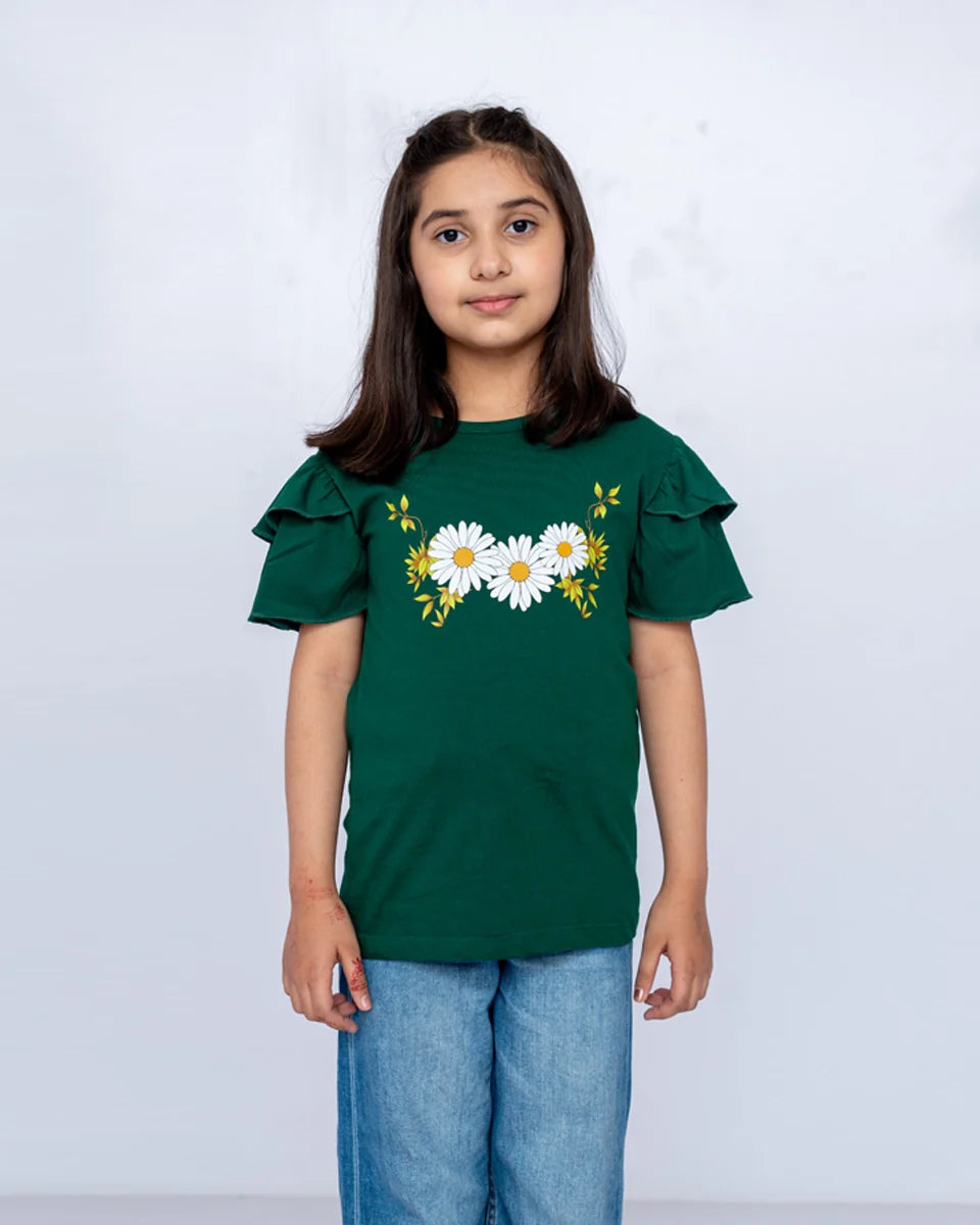 Girls posing in Green Printed Graphic Tee