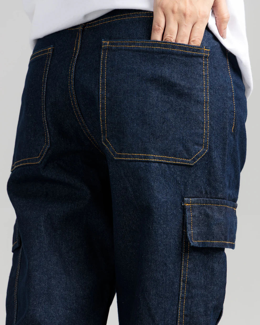 Indigo loose fit jeans close up