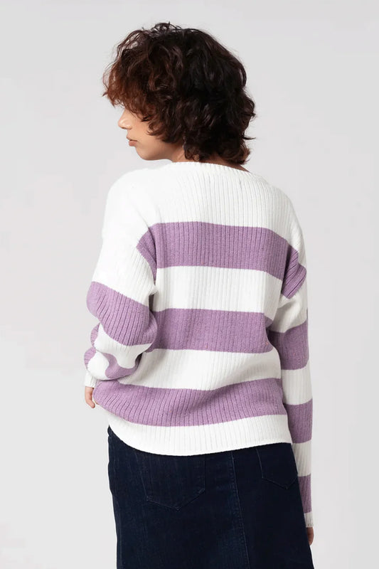 Lavender white cardigan back view