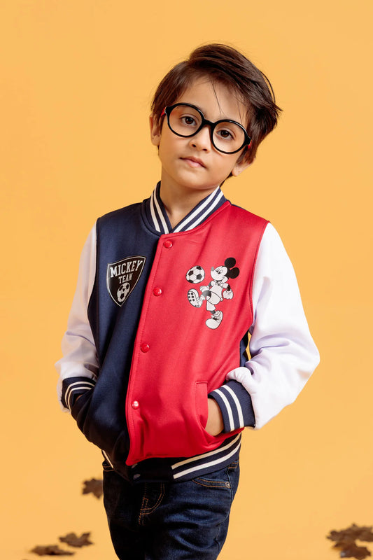Little boy wearing cotton blend baseball jacket front view