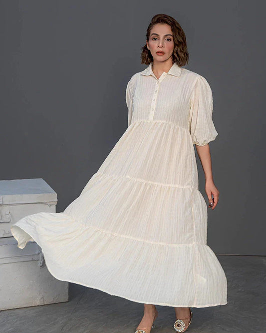 Women Long Frock Dress Shirt β Cream - Harwage