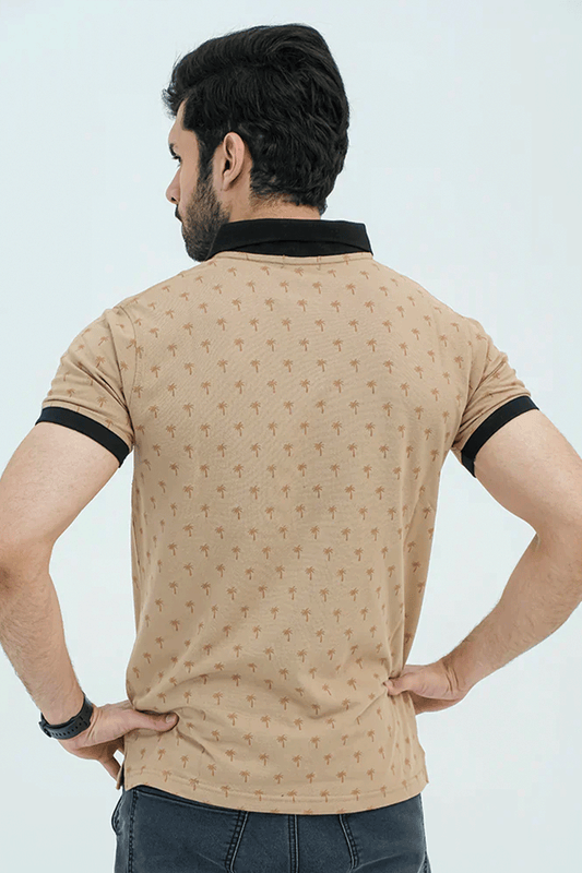 Men Graphic Polo with Contrast Trims - Beige