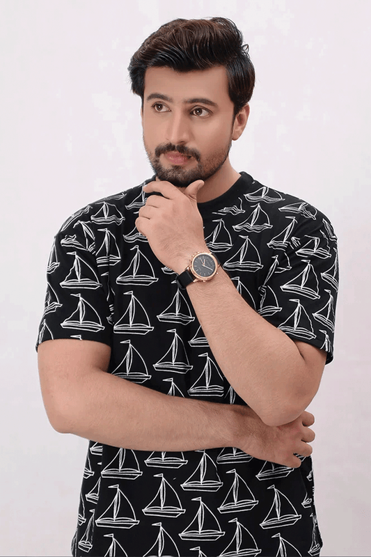 Men Rotatory Printed T Shirt - Black