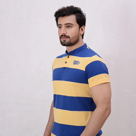 Men Stripe Polo Shirt - Mid Blue